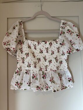 J. Crew White Floral Smocked Peplum Crop Top with Puff Sleeves